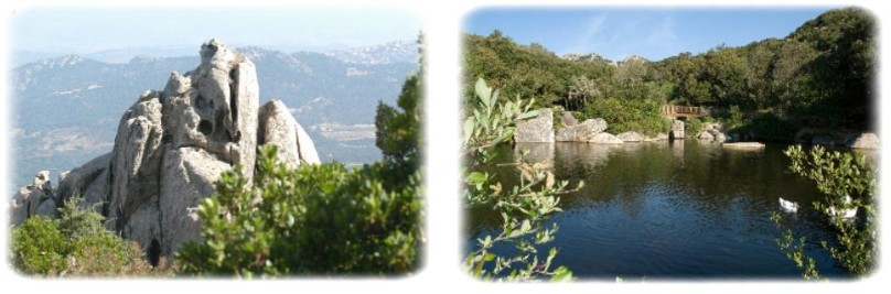 Aggius roccia di granito. Nello sfondo il monte Limbara. Aggius panorama del lago Santa Degna Gallura.